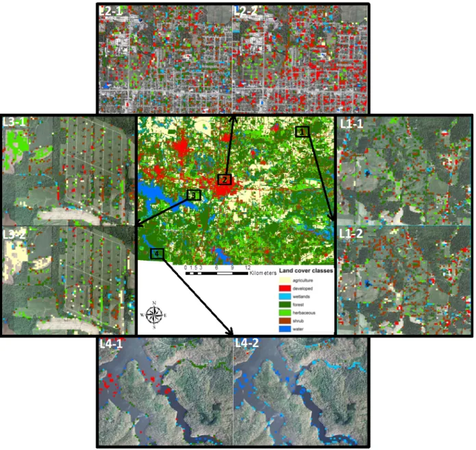 Figure 2-13. Classification difference between the best models of the benchmark method and  new method (L1-1, L2-1, L3-1, L4-1: benchmark maps of location 1-4; L1-2, L2-2, L3-2, L4-2: 