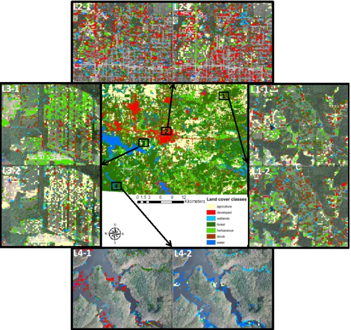 Figure 2-15. Classification difference between the best models in scenario 1 of the benchmark  method and new method (L1-1, L2-1, L3-1, L4-1: benchmark maps of location 1-4; L1-2, L2-2, 
