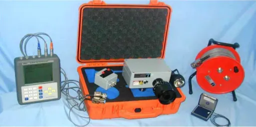 Figure 2: Complete SIMBAT kit including data collection unit, accelerometers, digital  theodolite cable reels and waterproof carry case 