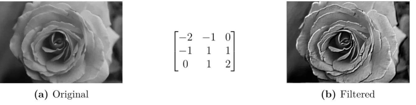 Figure 3.7: Effect of a 3 × 3 emboss kernel over a grayscale image (a). The feature map (b) gives the illusion of depth by emphasizing the differences of pixels in a given direction, in this case, the left-to-right and top-to-bottom diagonal.