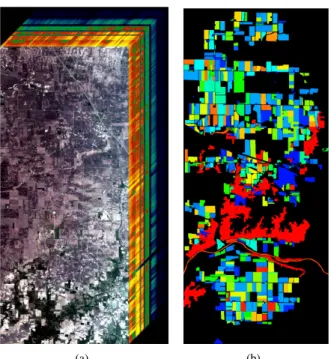 Fig. 1: AVIRIS Indian Pines image cube representation (a) and ground reference (b)
