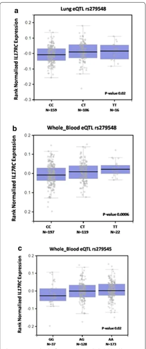 Fig. 2 Expression levels of IL17RC in lung and whole blood by genotype using the Gtex portal