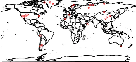 Fig. 4. The 27 proxy locations taken from Juckes et al. (2007) for thepresent local-scale comparison