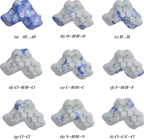 Figure 4The full two-dimensional ﬁngerprint plots for the title compound,H(showing (a) all interactions, and delineated into (b) O� � �H/H� � �O, (c)� � �H, (d) Cl� � �H/H� � �Cl, (e) C� � �H/H� � �C, (f) F� � �H/H� � �F, (g) Cl� � �Cl,h) N� � �H/H� � �N a