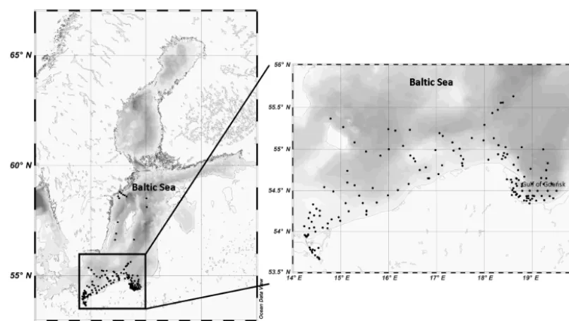 Figure 1. Locations of all the sampling stations in the Baltic Sea; enlarged view of the study area.