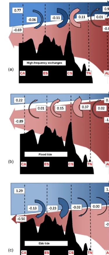 Figure 7. Two-layer diagram to explain tidal transport divergence ineach layer at high frequency