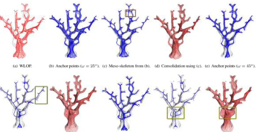 Figure 3.9: The impact of the parameter ω. With a small ω value (b-d), the inner points settle as anchor points sooner (b), the  meso-skeleton (c) consists of many 2D sheet structures and a small number of isolated points (orange box), and the final surfac