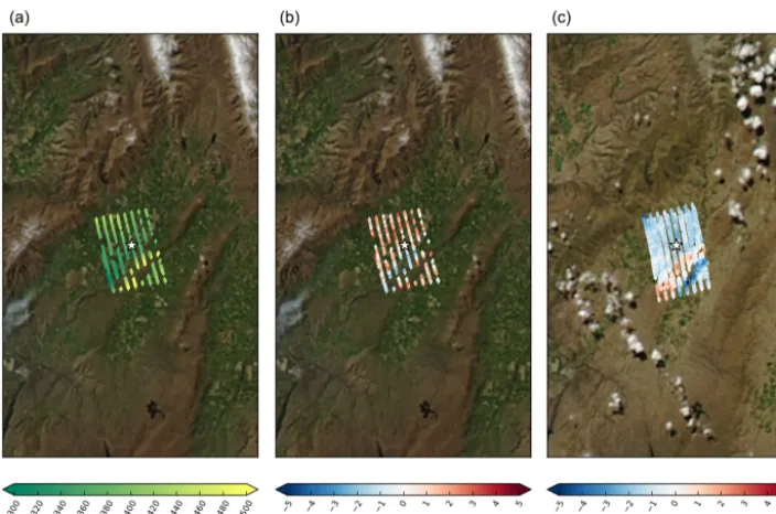 Figure 10. Data from OCO-2 targets over the Lauder TCCON station. The background is the MODIS true-color image of the Lauder areaA spatial bias is clearly present, related to the surface elevation, but the sign of the bias changes between targets prior to 