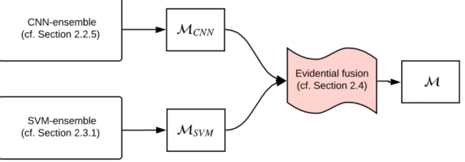 Figure 1 shows a simplified scheme of our approach which combines two ensembles of different classifiers in an evidential framework