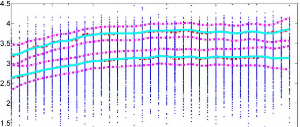 Figure 1.3: The original observations, local quantiles, 0.5, 0.9-quantile smoothers and corresponding 95% confidence bands.