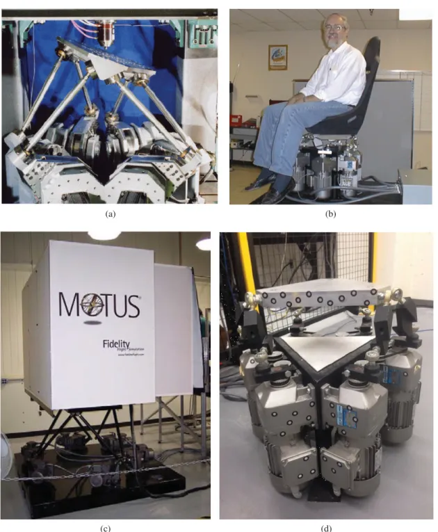 Figure 2.1: (a) The 6-RUS robot [8], (b) The 6-DOF mobile seat [9], (c) The 6-DOF ﬂight simulator [10], (d) The 6-RSS parallel robot in Concordia University