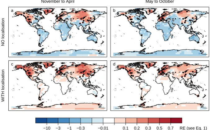 Fig. 3. Mean square error skill score (RE) for near-surface temperature of the analysis ensemble mean compared to the unconstrainedFig