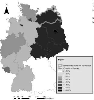 Figure 1. The share of employed farmers vs. self-employed farmers and family labour in the german states