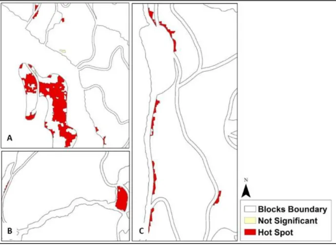 Table 3-5 shows the results of the canopy gap analysis using FRAGSTATS. The higher PD value  (125.39)  and  PLAND  value  (3.02)  for  block  F  indicated  a  higher  number  of  canopy  gaps  comprising a larger percentage of the landscape, compared with 