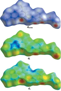 Figure 3The Hirshfeld surfaces of the title compound mapped over dnorm, di andde.