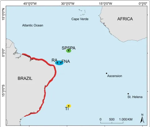 Fig. 1 Map showing the geographic distributions of Stegastes variabilis and S. fuscus (red), S