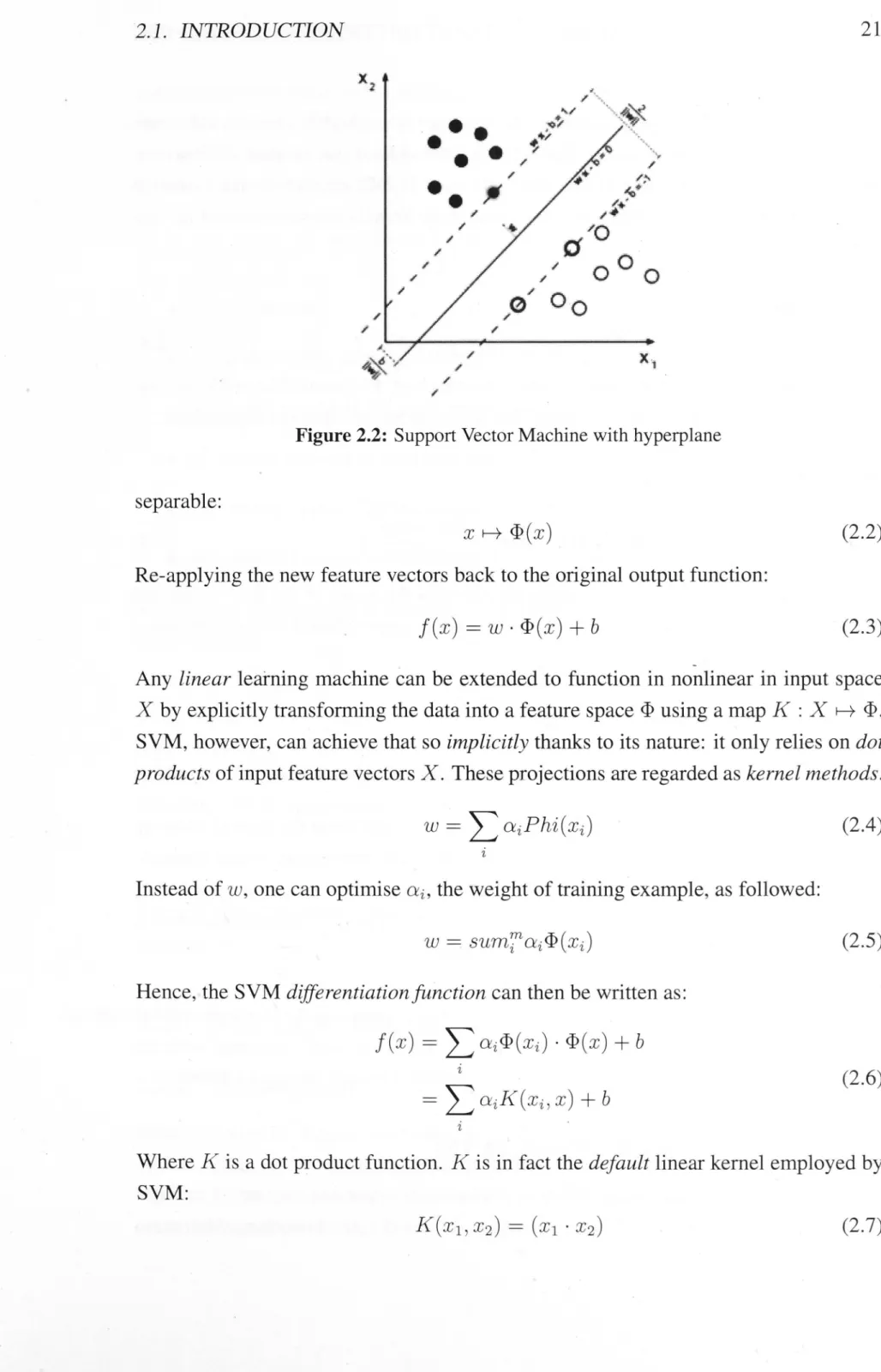 Figure 2.2:  Support Vector Machine with hyperplane 