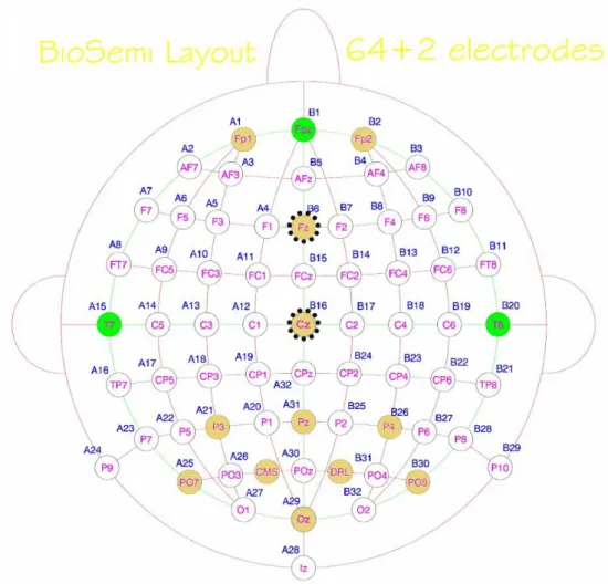 Figure 2.6: Electrode placement layout according to the 10-20 electrode system. The dashed black circles show the location of highest amplitude of the P300 component.