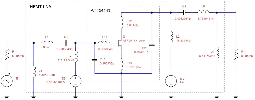 Fig. 3.Diagram of the low noise ampliﬁer for a multiconstellation receiver of satellite navigation