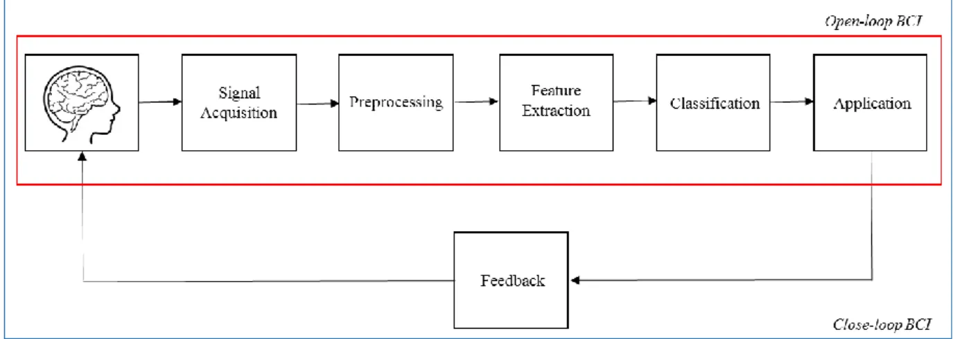 Figure 2.7. Diagram of a BCI system. Open-loop BCI represented in red and closed-loop BCI represented in blue