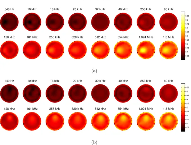 Figure 3.9: Absolute conductivity images of the experimental phantom for each mea- mea-surement frequency: (a) position 1 and (b) position 2