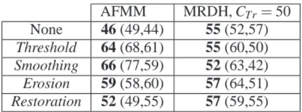 Table 2: DICE of pre-treated images: the three numbers show the average values: with the 10 images (with the 4 images acquired in static way, with the 6 images acquired in a dynamic manner)