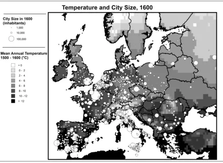 Figure 1 Temperature and City Size, 1600 Note: Map shows European year temperature averaged over 100 years, between 1500 and 1600