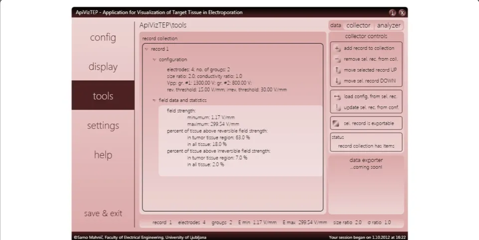Figure 7 The tools panel of ApiVizTEP with data collector showing analysis of results obtained with configuration and settings shownin Figures 3 and 4, respectively.