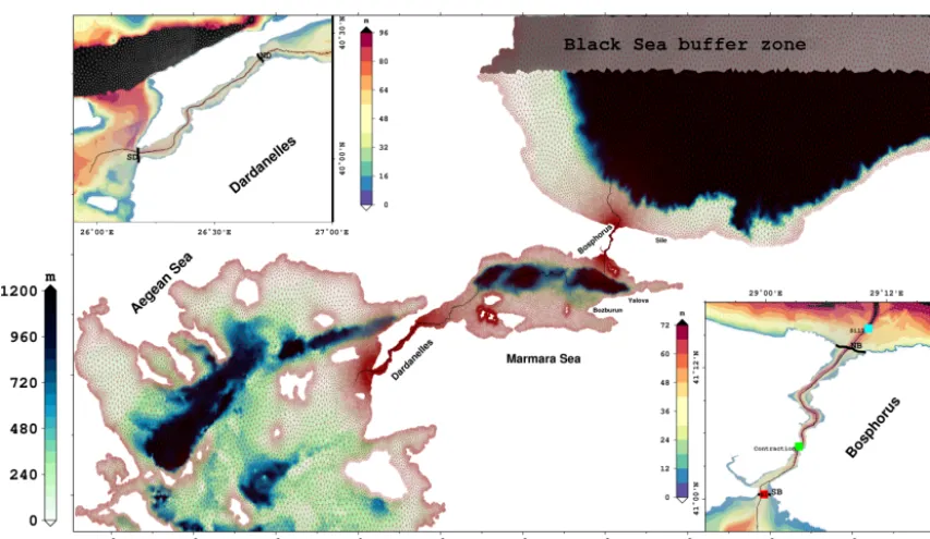 Figure 1. Bathymetry of the Turkish Straits System and the whole model domain. Bathymetry of the Bosphorus and Dardanelles straitsis detailed in the small panels