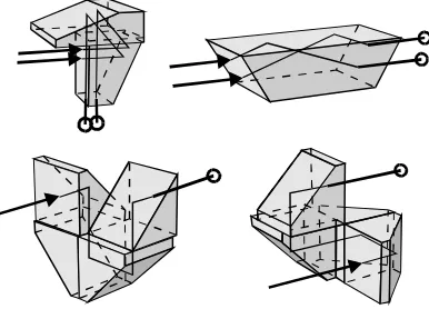 Fig. 2.  Some optical prisms evolved by the system (left).The first simple 'aerodynamic' design evolved by the system (right).