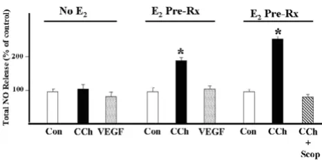 Figure 4Effect of CCh and VEGF on NO releaseEffect of CCh and VEGF on NO release. BeWob30 cells were exposed to CCh (10 mM) and VEGF (50 ng/ml) in the pres-ence or absence of 10 nM E2 (estradiol) as previously described