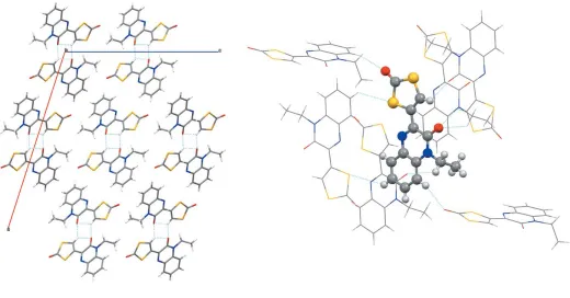 Figure 2Crystal packing and intra- and intermolecular hydrogen-bonding interactions yielding the dimeric associates viewed alongcontacts of an individual molecule to six adjacent molecules (right) ( b (left) and hydrogen bondingMercury; Macrae et al., 2006).