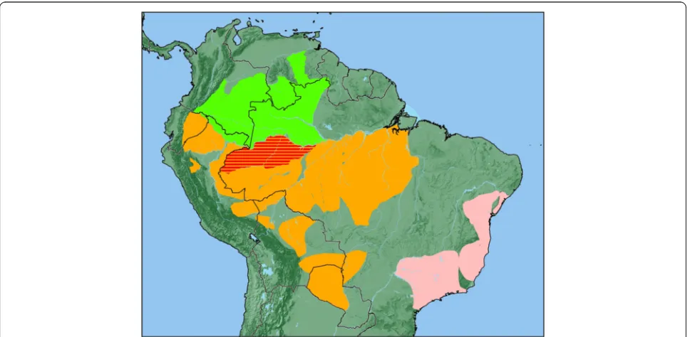 Fig. 5 The geographic distribution ofCheracebus Cheracebus (green), Callicebus (pink) and Plecturocebus (orange)