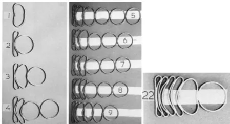 Figure 1- Deformation in various ring systems from [6], with impact end to the left and free end to the right