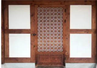 Fig. 2. Hanok styled shear wall. Shear wall consists of soil wall with  horizontal intermediate member called Inbang and has door opening