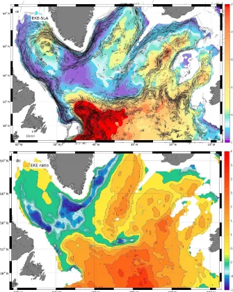 Figure 8. (a) Surface EKE derived from the AVISO geostrophic surface ﬂow that is high-pass ﬁltered at 180-day cut-off (in cmestimate of the geostrophic turbulence
