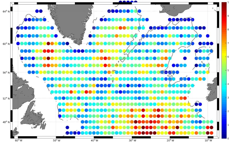 Figure 1. Data density in 1◦ × 1◦ ﬁelds; the number of 10-day displacement vectors per cell.