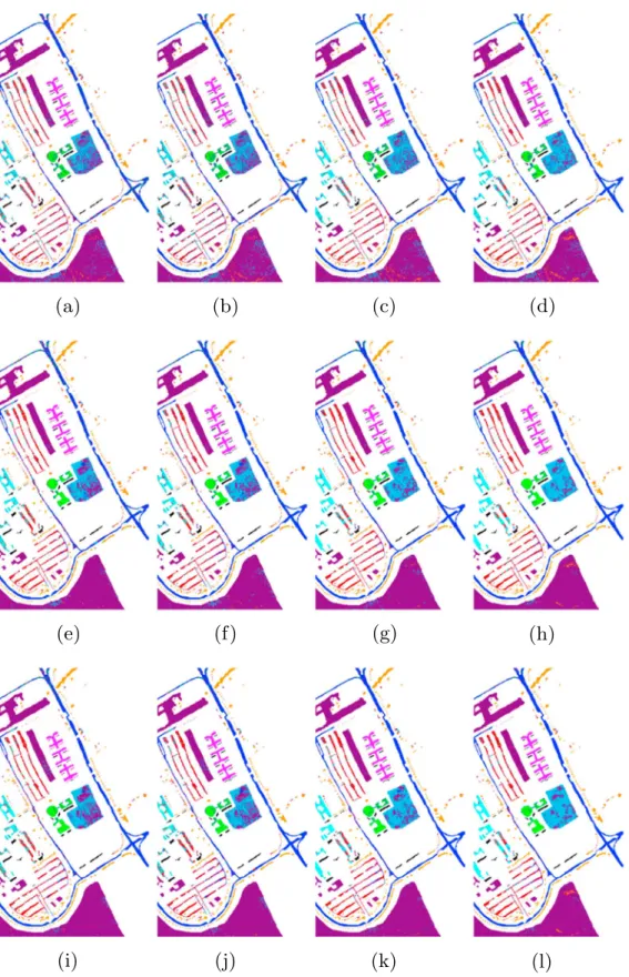 Fig. 8. The classiﬁcation maps of the University of Pavia dataset with 1% pixels randomly chosen for training: (a) D raw -OMP; (b) DKSVD-OMP (c) JSM-DKSVD-OMP (3×3); (d) JSM- JSM-DKSVD-SOMP (5×5); (e) D raw -SOMP; (f) DKSVD-SOMP (g) JSM-DKSVD-SOMP (3×3); (
