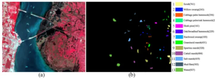 Fig. 3. Botswana HSI. (a) False-color image. (b) Ground truth. (Note that the number of samples for each class is shown in brackets.)
