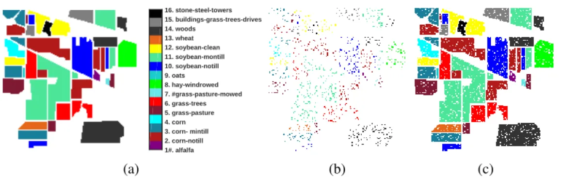 Figure 3.1: The Indian Pines dataset with 9% pixels randomly chosen for training: (a) ground-truth labels; (b) training set; (c) test set.