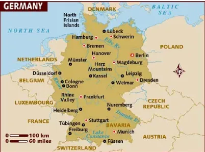 Figure 1: Map of German showing some major cities and neighbouring countries 