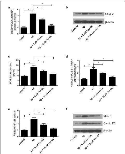 Fig. 6 Tan IIA declined Aβ-induced increase in COX-2 expression and PGE2 secretion, and activation of NF-κB pathway in SH-SY5Y cells
