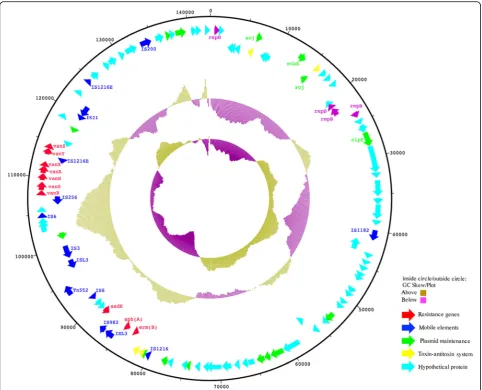 Fig. 4 Genetic map of the vanA harboring plasmid pQZ67. The circles display (from the outside to inside): (i) size in bp; (ii) positions of thepredicted coding sequences transcribed in clockwise orientation; (iii) position of predicted coding sequences transcribed in counterclockwiseorientation; (iv) GC content plotted against 50%, with brown indicating> 50% and purple indicating< 50%; and (v) GC skew [(G + C)/(G-C)] in awindow of 300 bp