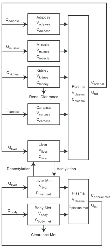 Figure 3.1  Schematic representation of a physiologically based pharmacokinetic model for use in determining concentrations after IV injection of Sulfamethazine in swine