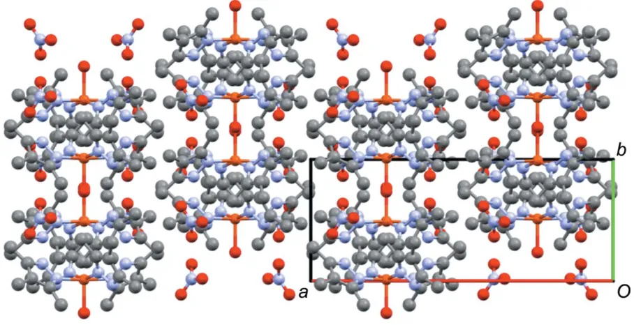 Figure 4Packing of 2 viewed down the crystallographic c-axis direction, highlighting the alternating columns of stacked copper complexes