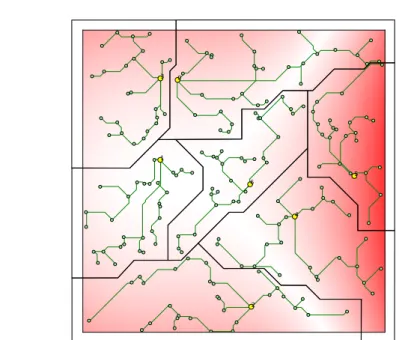 Fig. 5: Example layout for 7 substations, 193 turbines, n S = 30, and n C = 10.