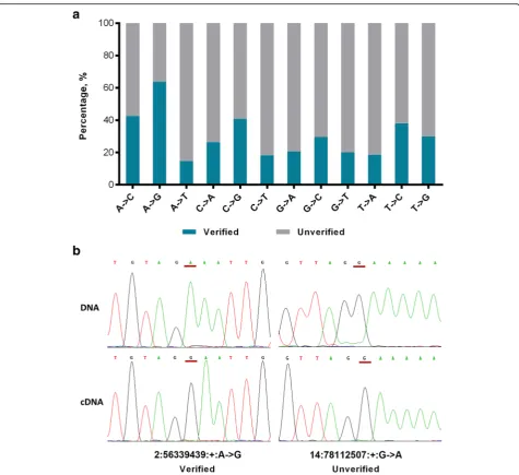 Fig. 1 Verification of RNA editing sites.verified RNA editing site (Chr2:56339439:+:A- > G) and one unverified RNA-editing site (Chr14:78112507:+:G- > A) by Sanger sequencing