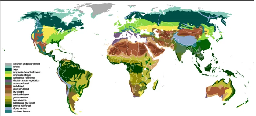 Figure 3.4 – A map of the main terrestrial biomes of the planet, overlaid on a political map of state borders201 