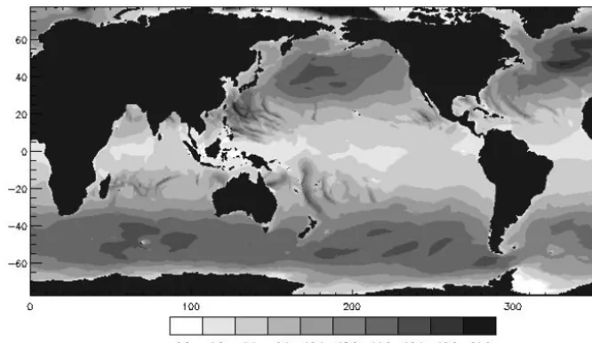 Figure 1. Wave heights (m) above mean level with a cumulative probability of 10−7, annual average.