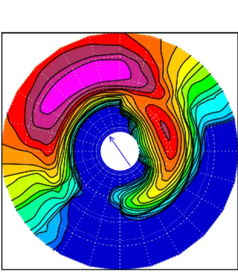 Fig. 1. An example of a wave energy spectrum from a wind wave model. Polar repre- repre-sentation with low frequencies in the center of the grid (ranging from 0 to 0.25Hz, grid lines at 0.05Hz intervals), and directions representing direction in which wave